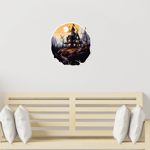 Halloween Spukhaus Schloss Wandaufkleber Rund PVC Wasserdicht Abnehmbares Abziehbild Für Feiertagsparty Heim Dekoration