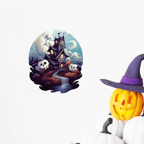 Adesivo Murale in PVC Castello Infestato di Halloween Viola Fantasma Scheletro Luna Decalcomania Impermeabile per Casa Festa