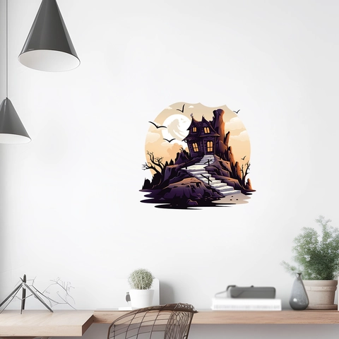 Adesivo da Parete Casa Stregata Halloween Luna Viola Castello Removibile PVC Impermeabile per Decorazione Casa Soggiorno Camera