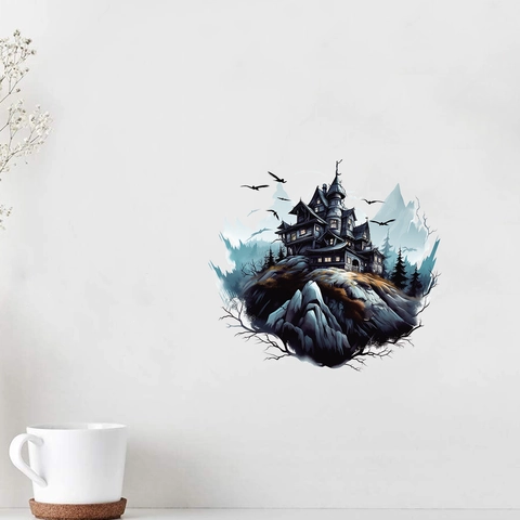 Halloween Gothisch Schloss Wandsticker PVC Wasserdicht Abnehmbar Dunkel Fledermaus Muster Aufkleber Für Schlafzimmer Wohnzimmer