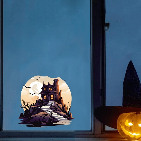 Adesivo da Parete Casa Stregata Halloween Luna Viola Castello Removibile PVC Impermeabile per Decorazione Casa Soggiorno Camera