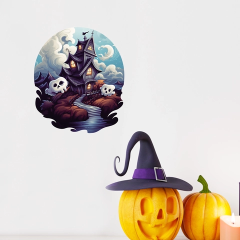 Adesivo Murale in PVC Castello Infestato di Halloween Viola Fantasma Scheletro Luna Decalcomania Impermeabile per Casa Festa
