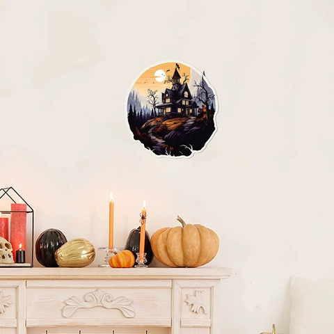 Halloween Spukhaus Schloss Wandaufkleber Rund PVC Wasserdicht Abnehmbares Abziehbild Für Feiertagsparty Heim Dekoration