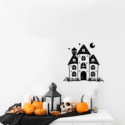Halloween Geisterschloss Geisterhaus Silhouette Wandaufkleber Schwarz Wasserdicht Selbstklebend Vinyl Fensteraufkleber Home Deko