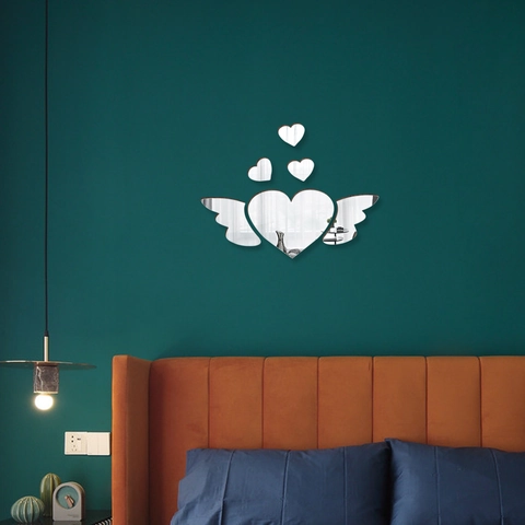 Stickers Muraux Miroir en Acrylique 3D Cœur Avec Ailes Autocollants d'Art DIY Amovibles pour Salon Chambre Décoration Moderne