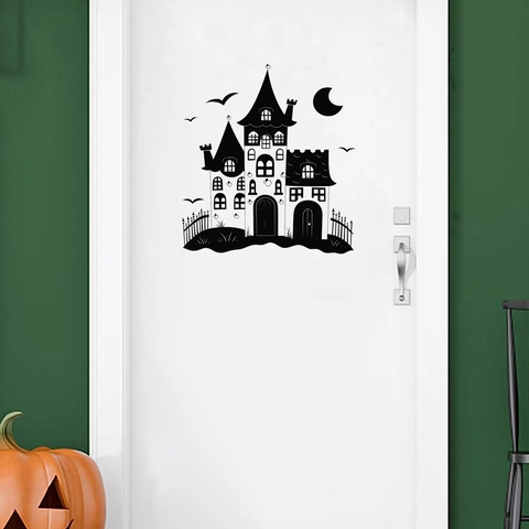 Halloween Kasteel Silhouet Muursticker Zwart Waterdicht PVC Raamstickers Vleermuis Maan Feest Decoratie Sticker