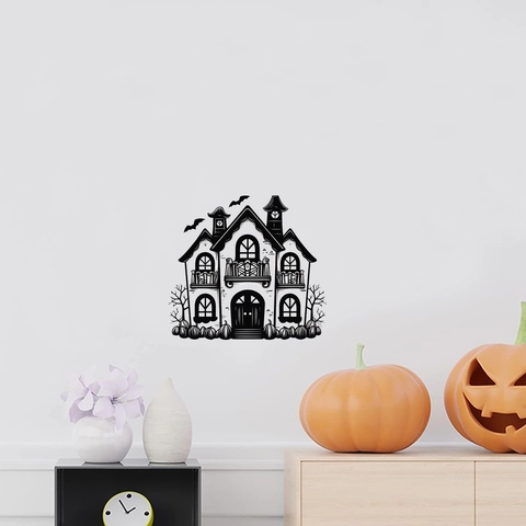 Halloween Geisterhaus Schloss Wandaufkleber Wasserdichtes PVC Fledermaus Kürbis Silhouetten Aufkleber Für Party Fenster Haus Deko