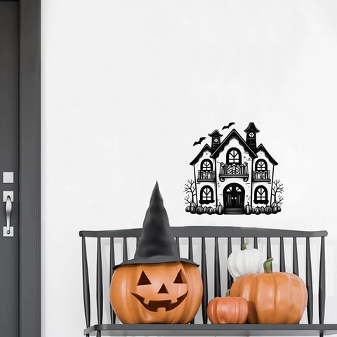Halloween Geisterhaus Schloss Wandaufkleber Wasserdichtes PVC Fledermaus Kürbis Silhouetten Aufkleber Für Party Fenster Haus Deko