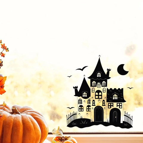 Halloween Kasteel Silhouet Muursticker Zwart Waterdicht PVC Raamstickers Vleermuis Maan Feest Decoratie Sticker