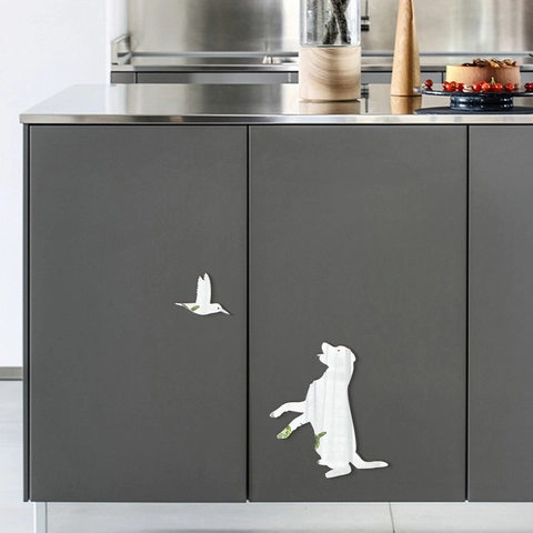 Adesivi Murali in Acrilico a Specchio Cane e Uccello Silhouette di Animali Minimalista Moderna per Soggiorno Camera da Letto