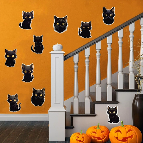 Halloween Black Cat Wall Sticker PVC Waterproof Removable Cartoon Animal Decal For Home Kitchen Fridge Wardrobe Party Decor