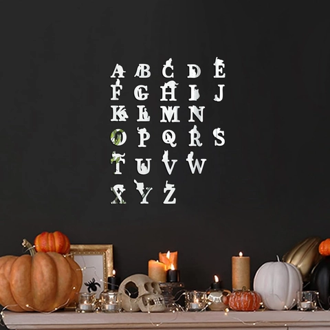 Kreative Katze Silhouette Spiegel Acryl Wandtattoo 26 Englische Alphabet Buchstaben Set Für Halloween Deko DIY Spiegelaufkleber