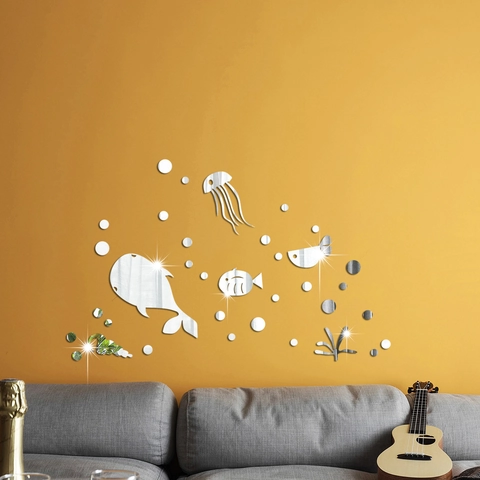 Acryl Ozean Tier Spiegel Wandtattoo 3D Wal Qualle Meeresleben Oberfläche Aufkleber Für Schlafzimmer Wohnzimmer Kinderzimmer Dekor