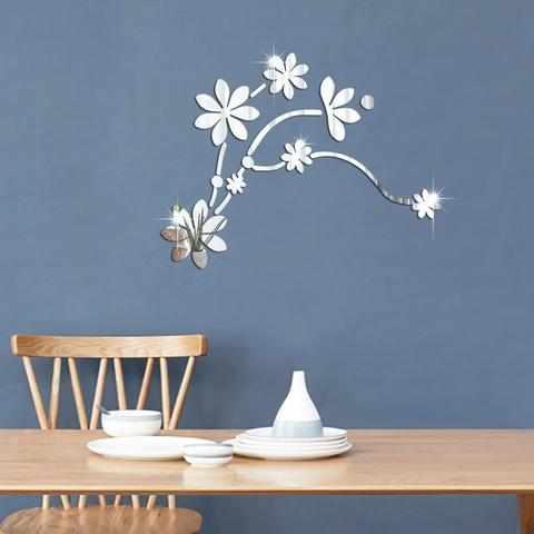 Adesivi Murali Specchio 3D in Acrilico con Fiori e Viti Decalcomanie Floreali Autoadesive per Soggiorno Camera Decorazione