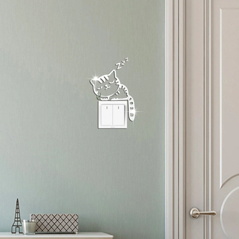 Acrylic Mirror Cat Switch Sticker Decorative Wall Decal For Living Room Bedroom 3D Sleeping Kitten Zzz Pattern Home Decor