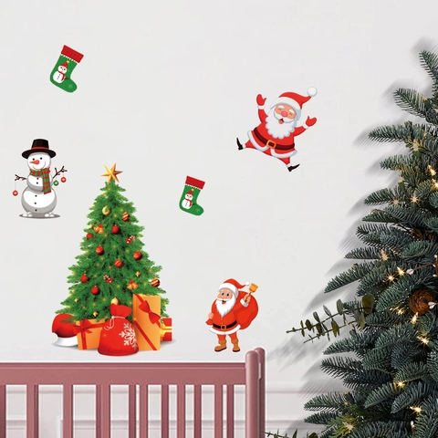 Pegatinas de Ventana de Navidad PVC Impermeable Pegatinas de Pared Con Papá Noel Muñeco de Nieve Árbol de Navidad Decoración