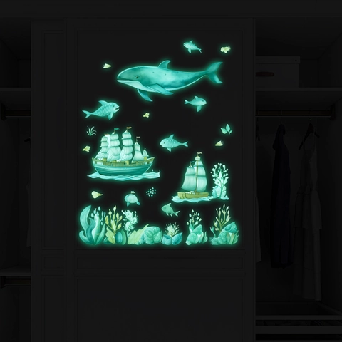 Pegatinas De Pared Océano Ballena Velero Brillan En La Oscuridad Fluorescentes PVC Acuarela Extraíbles Vida Marina Para Dormitorio