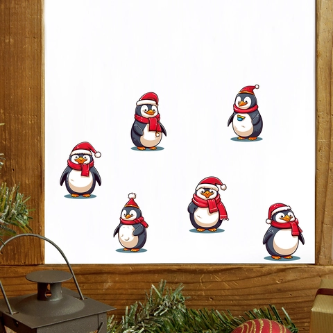 Stickers Muraux de Noël Pingouin Dessin Animé en PVC Amovibles pour Décoration de Maison de Vacances Fournitures de Fête