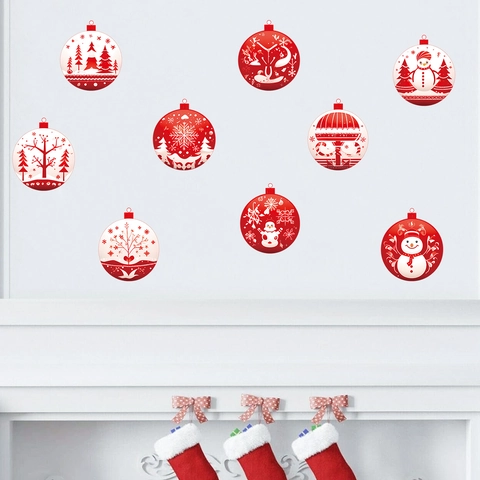 9 Pièces Autocollants Muraux Boule de Noël Rouge Blanc Flocon de Neige Élan Sapin Stickers Fenêtre pour Décoration Maison