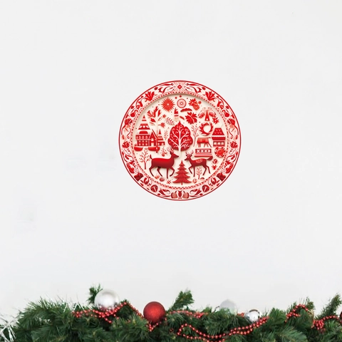 Weihnachten Fensteraufkleber Rund Rot PVC Rentier Haus Schneeflocke Papierschnitt Stil Wandtattoo Für Xmas Party Home Decor