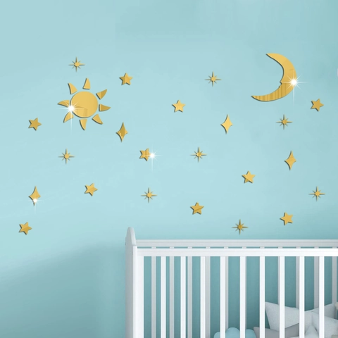 Stickers Muraux Miroir en Acrylique 3D Soleil Lune Étoiles Thème Céleste DIY Auto-Adhésifs Amovibles Art Déco pour Chambre Salon