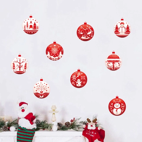 9 Pièces Autocollants Muraux Boule de Noël Rouge Blanc Flocon de Neige Élan Sapin Stickers Fenêtre pour Décoration Maison