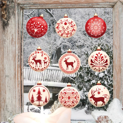 9Pcs Stickers Muraux Boule De Noël Rouge Blanc Renne Flocon De Neige Motif Autocollants Pour Décoration De Fond De Fête