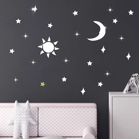 Stickers Muraux Miroir en Acrylique 3D Soleil Lune Étoiles Thème Céleste DIY Auto-Adhésifs Amovibles Art Déco pour Chambre Salon