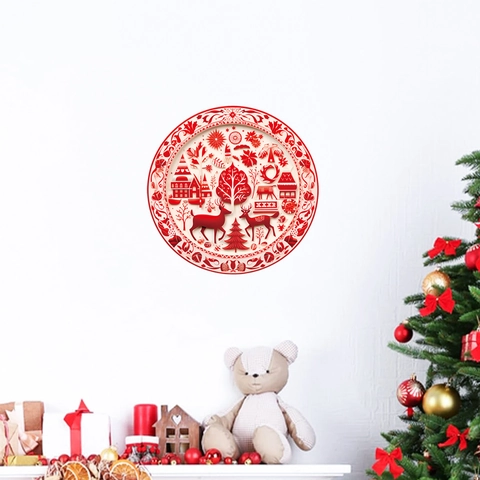 Weihnachten Fensteraufkleber Rund Rot PVC Rentier Haus Schneeflocke Papierschnitt Stil Wandtattoo Für Xmas Party Home Decor