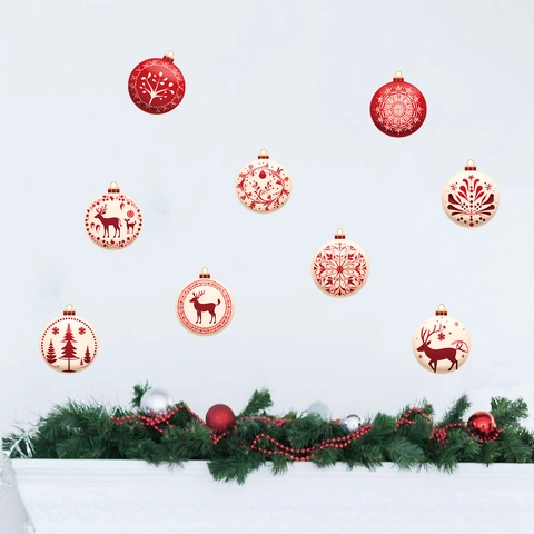 9Pcs Stickers Muraux Boule De Noël Rouge Blanc Renne Flocon De Neige Motif Autocollants Pour Décoration De Fond De Fête
