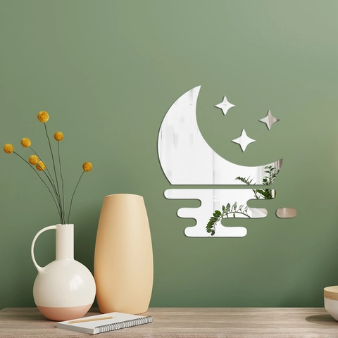 Adesivo Murale Specchio Acrilico Design Luna e Stelle Decalcomanie Decorative Per Soggiorno Camera Da Letto Moderno Arredo Casa
