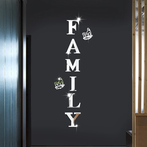 Adesivo Murale 3D in Acrilico a Specchio Lettere Family e Farfalle Per Soggiorno Camera da Letto Decorazione Murale