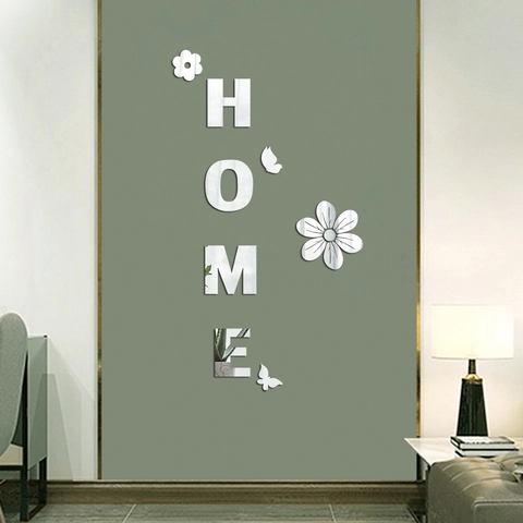 Adesivi Murali a Specchio in Acrilico 3D Design Lettera HOME Fiore Farfalla Autoadesivo DIY Murales Artistico per Casa Soggiorno