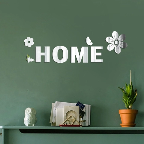 Adesivi Murali a Specchio in Acrilico 3D Design Lettera HOME Fiore Farfalla Autoadesivo DIY Murales Artistico per Casa Soggiorno