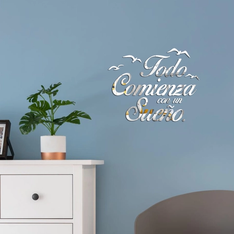 Spanisches Zitat Todo Comienza Con Un Sueño 3D Acryl Spiegel Wandaufkleber Mit Vögeln DIY Selbstklebende Deko Für Wohnzimmer