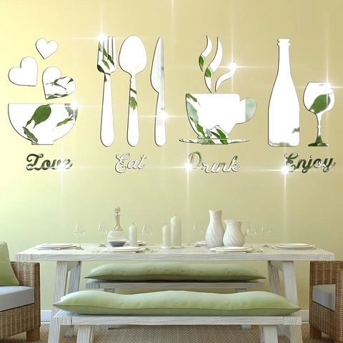 Stickers Muraux Miroir en Acrylique 3D Design Couverts Tasse de Café Bouteille de Vin Décalcomanies pour Cuisine Salle à Manger