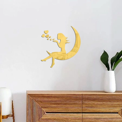 Sticker Mural Miroir 3D Fille Lune Acrylique DIY Autocollant Silhouette Romantique Pour Chambre Salon Décoration Maison