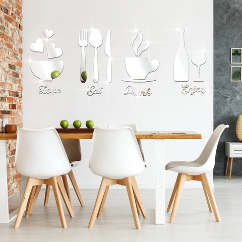 Stickers Muraux Miroir en Acrylique 3D Design Couverts Tasse de Café Bouteille de Vin Décalcomanies pour Cuisine Salle à Manger