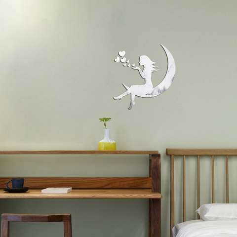 Sticker Mural Miroir 3D Fille Lune Acrylique DIY Autocollant Silhouette Romantique Pour Chambre Salon Décoration Maison