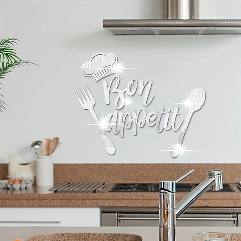 3D Mirror Acrylic Kitchen Wall Sticker Bon Appetit Lettering Chef Hat Fork Spoon Removable DIY Decor For Dining Room Home