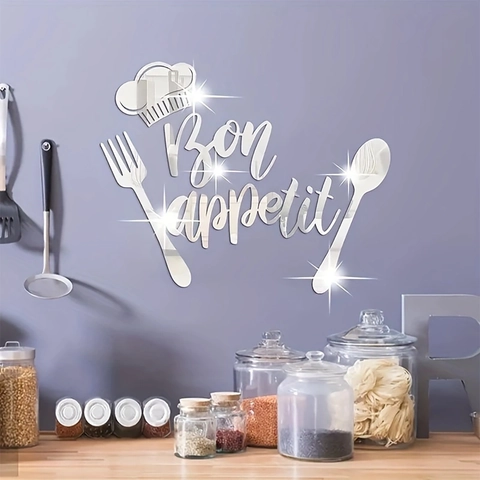 3D Mirror Acrylic Kitchen Wall Sticker Bon Appetit Lettering Chef Hat Fork Spoon Removable DIY Decor For Dining Room Home