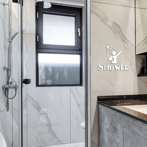 3D Acrílico Espejo Pegatina de Pared Icono Señal de Ducha Para Puerta de Baño Pared de Vidrio Decoración Impermeable DIY Espejo