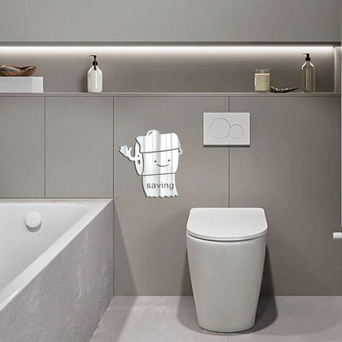 Adesivo Murale a Specchio Creativo in Carta Igienica 3D in Acrilico Con Testo Risparmio e Faccina Sorridente Per Decoro Bagno
