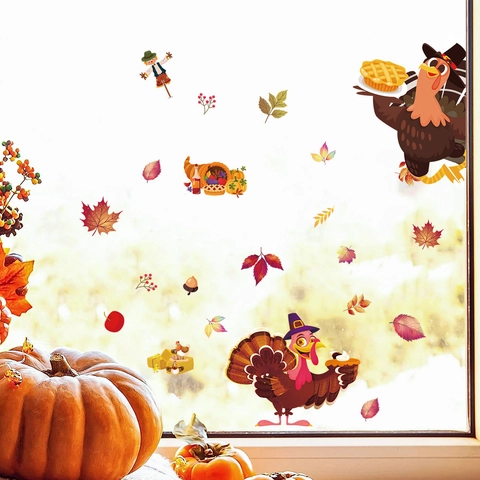 Thanksgiving Window Stickers Autumn Maple Leaf Turkey Pumpkin Static Cling Decals For Glass Window Fall Harvest Party Decor