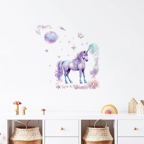 Dreamy Purple Unicorn Wall Stickers For Kids Room Bedroom Nursery Waterproof PVC Stars Moon Flowers DIY Home Decor Wall Decals