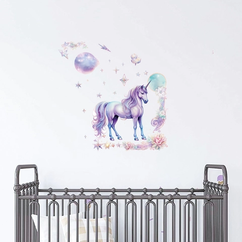 Dreamy Purple Unicorn Wall Stickers For Kids Room Bedroom Nursery Waterproof PVC Stars Moon Flowers DIY Home Decor Wall Decals