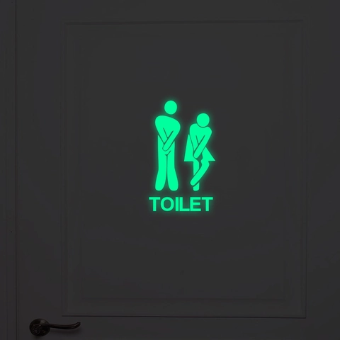 Luminous Toilet Sign Sticker Glow In The Dark Funny Restroom Door Decal PET Waterproof Bathroom Wall Art Home Decor