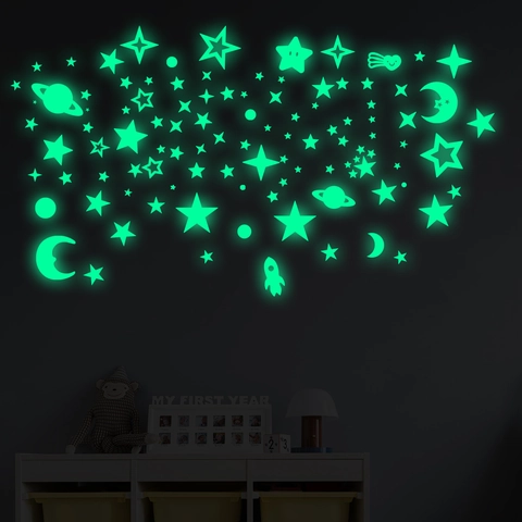 Glow In The Dark Stars Moon Wall Stickers Fluorescent PET Planet Rocket Decals For Kids Room Bedroom Ceiling Starry Sky Decor
