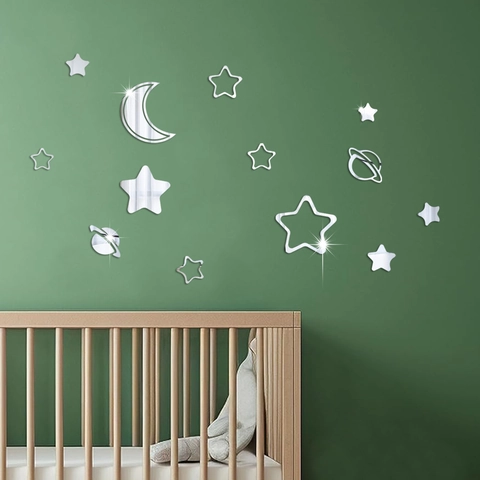 3D Acryl Spiegel Wandsticker Sterne Mond Planet DIY Selbstklebend Kunst Deko Für Kinderzimmer Schlafzimmer Haus Wanddeko