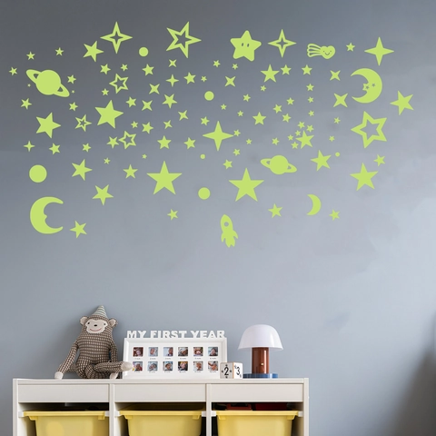 Glow In The Dark Stars Moon Wall Stickers Fluorescent PET Planet Rocket Decals For Kids Room Bedroom Ceiling Starry Sky Decor
